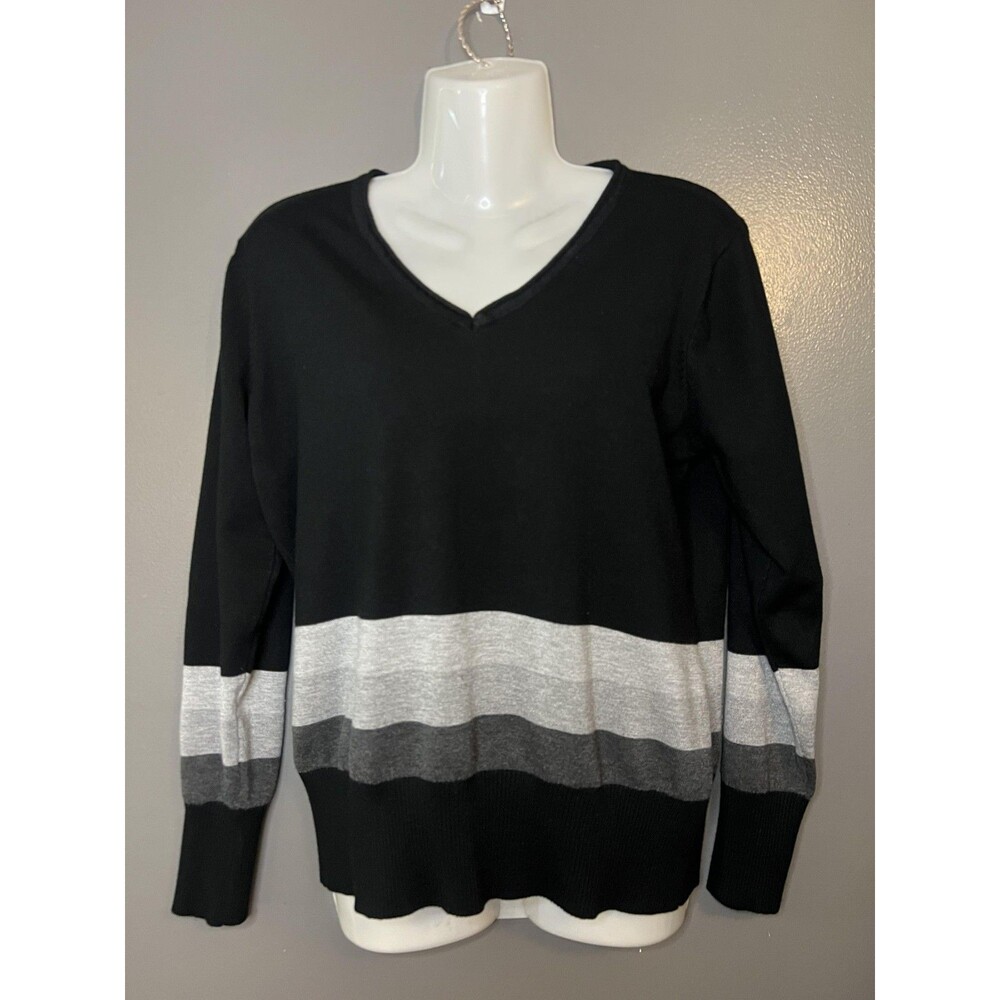 Vita Milano Sweater Womens Medium Black Gray Colorblock V Neck Pullover
